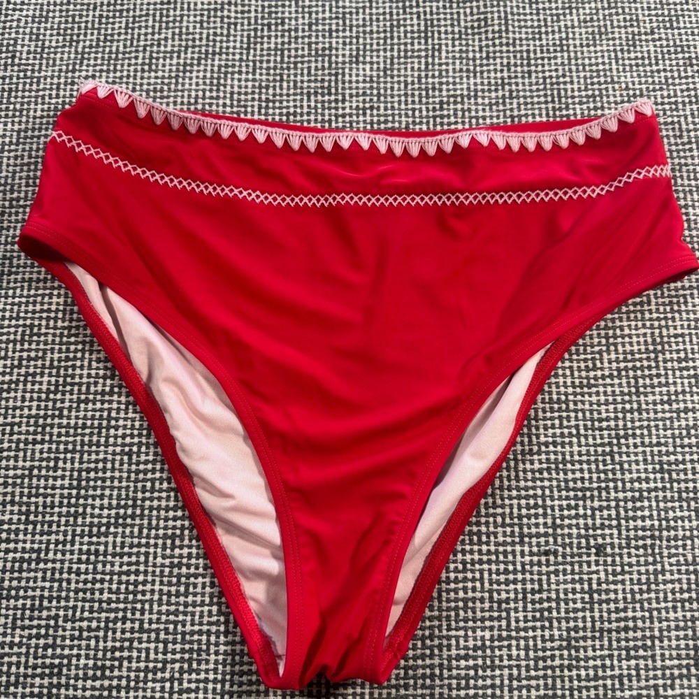 Womens Red High Waisted Bikini Bottoms White Scalloped Embroidery Swim Size M